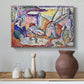 Canvas art print featuring an expressive composition of people resting near the sea, styled above a decorative console