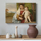 Canvas art print featuring a Renaissance composition of Madonna and child against landscape backdrop, styled above a decorative console