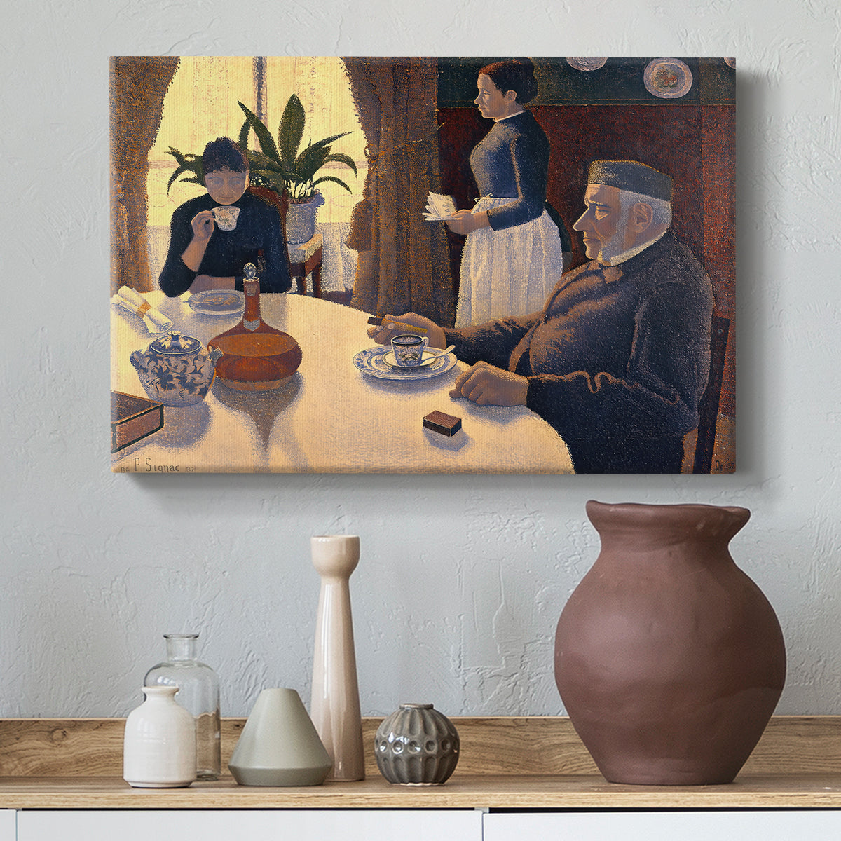 Canvas art print featuring an interior with figures and table setting, styled above a decorative console