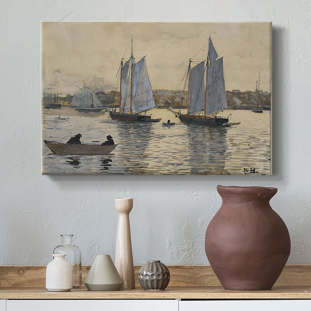 Canvas art print featuring a maritime composition focusing on vessels and horizon, styled above a decorative console