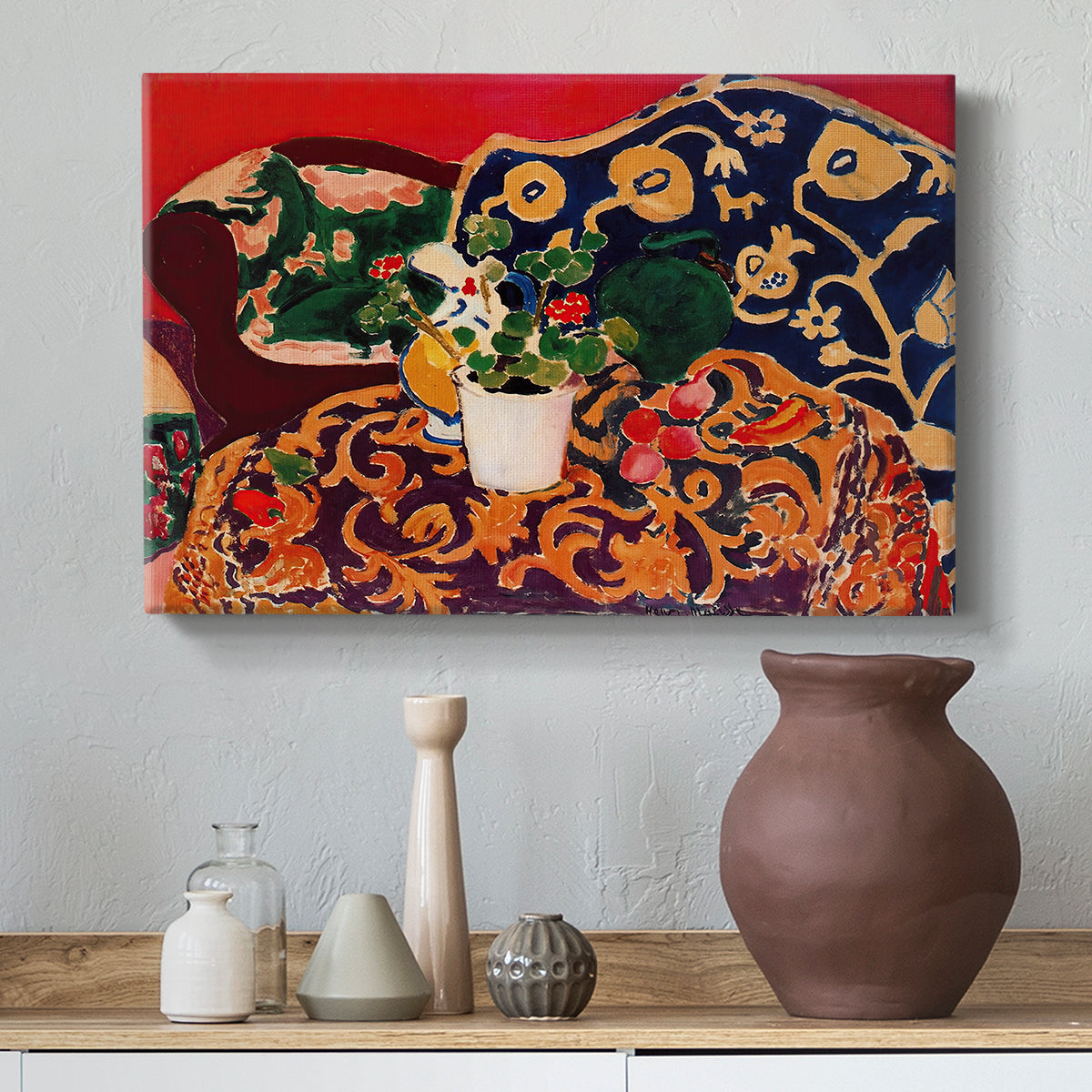 Canvas art print featuring a Fauvist still life filled with decorative pattern and objects, styled above a decorative console
