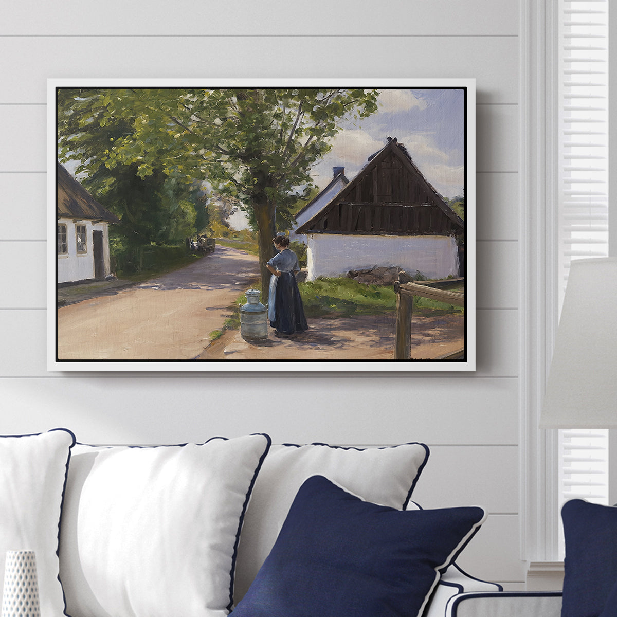 Danish Village Street with Woman and Milkman, 1880 - Floater Framed Canvas Print