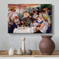 Canvas art print featuring an impressionist scene of friends enjoying lunch with wine and conversation, styled above a decorative console
