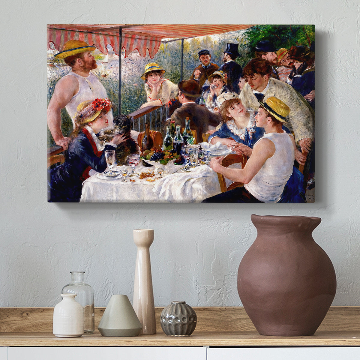 Canvas art print featuring an impressionist scene of friends enjoying lunch with wine and conversation, styled above a decorative console
