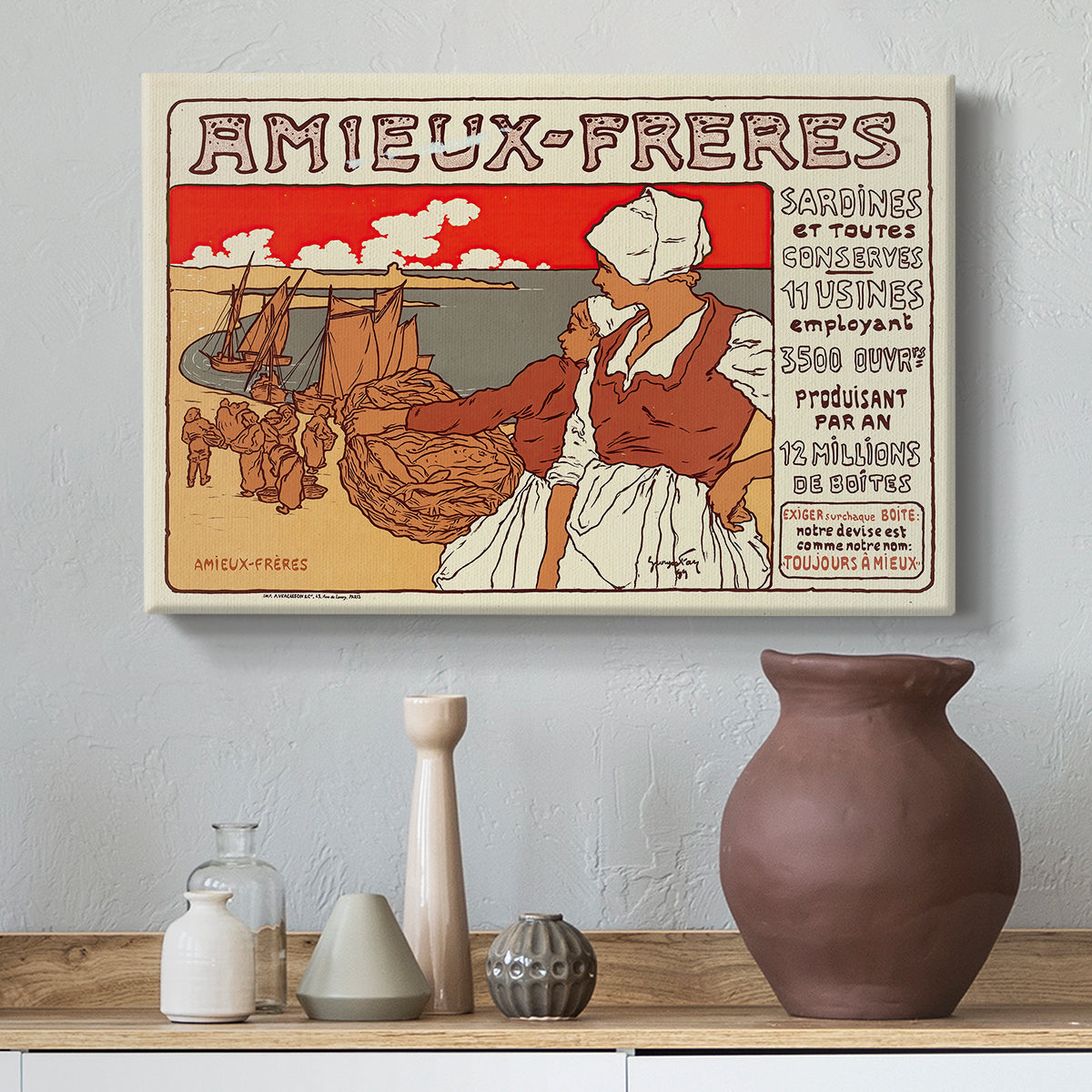 Canvas art print featuring an early advertising artwork with bold typography and graphic illustration, styled above a decorative console