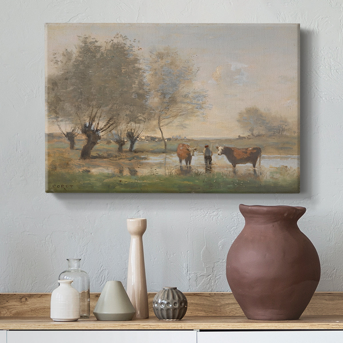 Canvas art print featuring a soft landscape with animals and reflective ground, styled above a decorative console