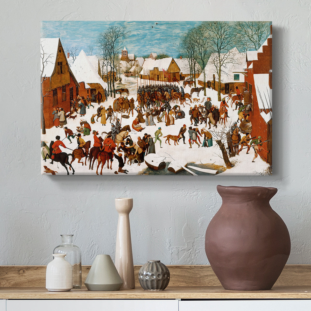 Canvas art print featuring a crowded scene with intense interaction and movement, styled above a decorative console