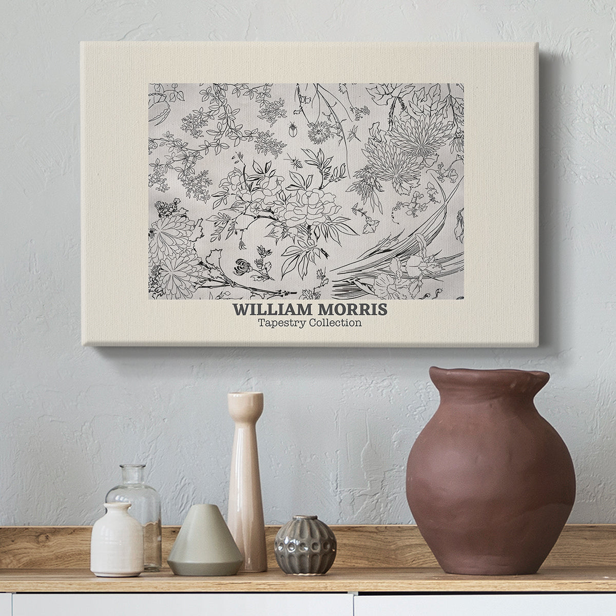 Canvas art print featuring a patterned surface featuring stylized flowers and leaves, styled above a decorative console