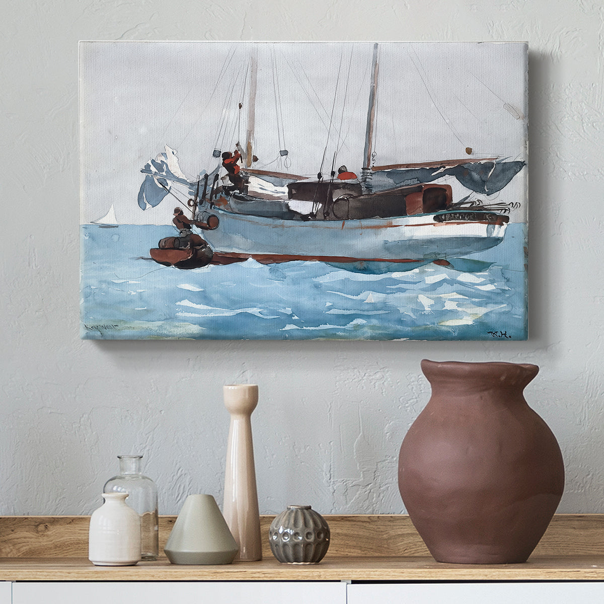 Canvas art print featuring a composition showing exchange of goods between boats, styled above a decorative console