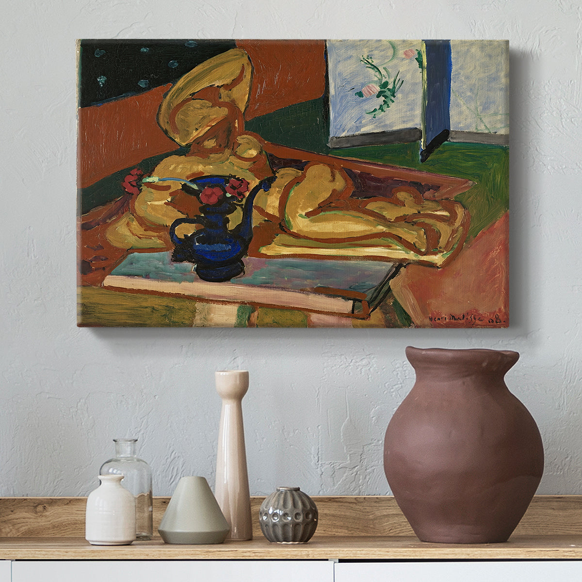 Canvas art print featuring a Fauvist still life combining a bronze figure and patterned vase, styled above a decorative console