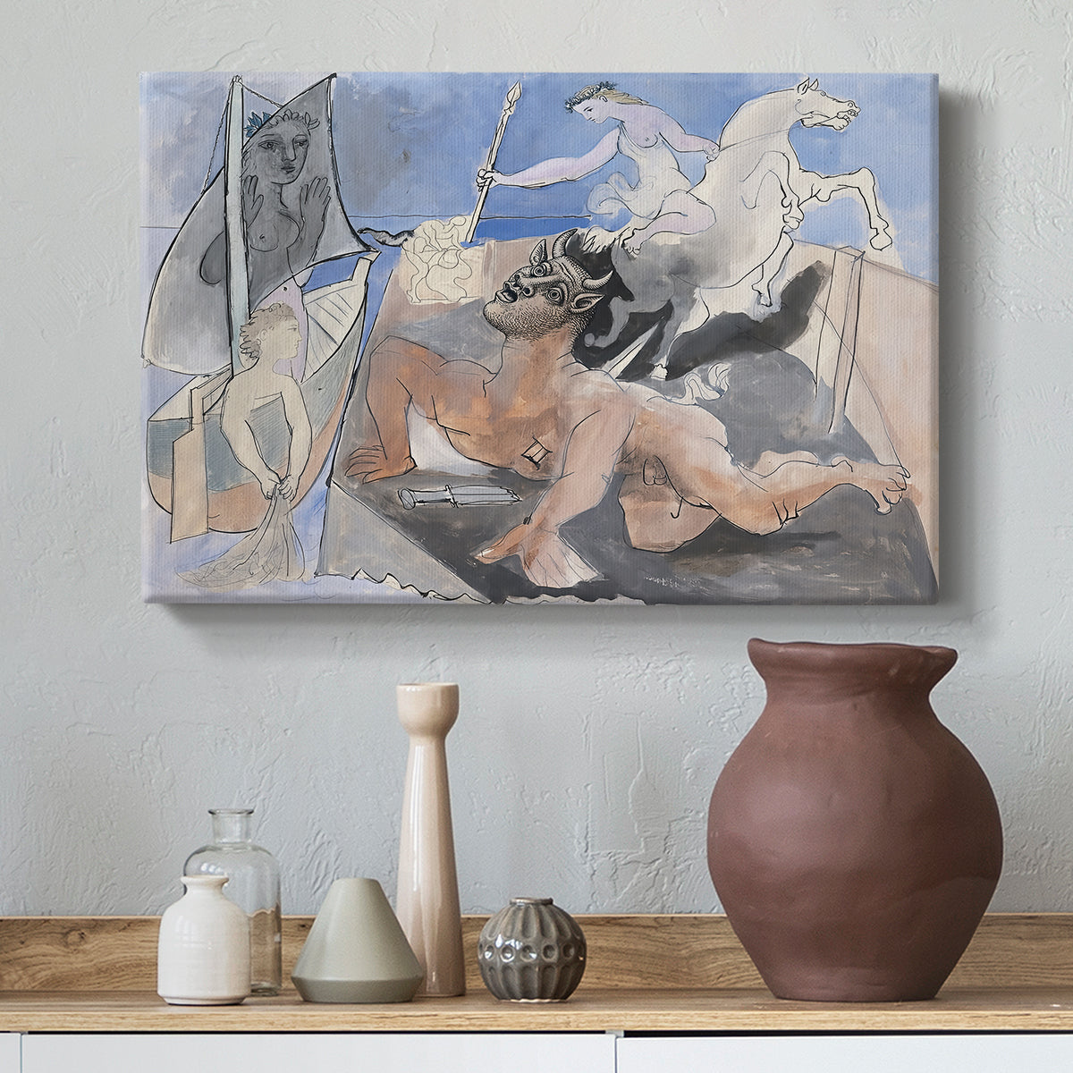 Canvas art print featuring a surreal drawing combining forms, styled above a decorative console