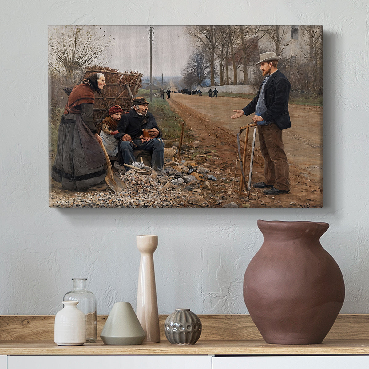 Canvas art print featuring an everyday moment with people interacting near roadside, styled above a decorative console