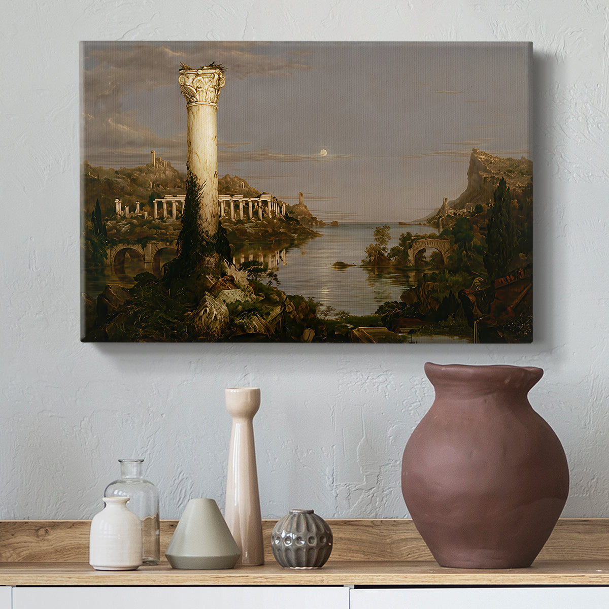 Canvas art print featuring a peaceful yet somber scene of decay and silence, styled above a decorative console