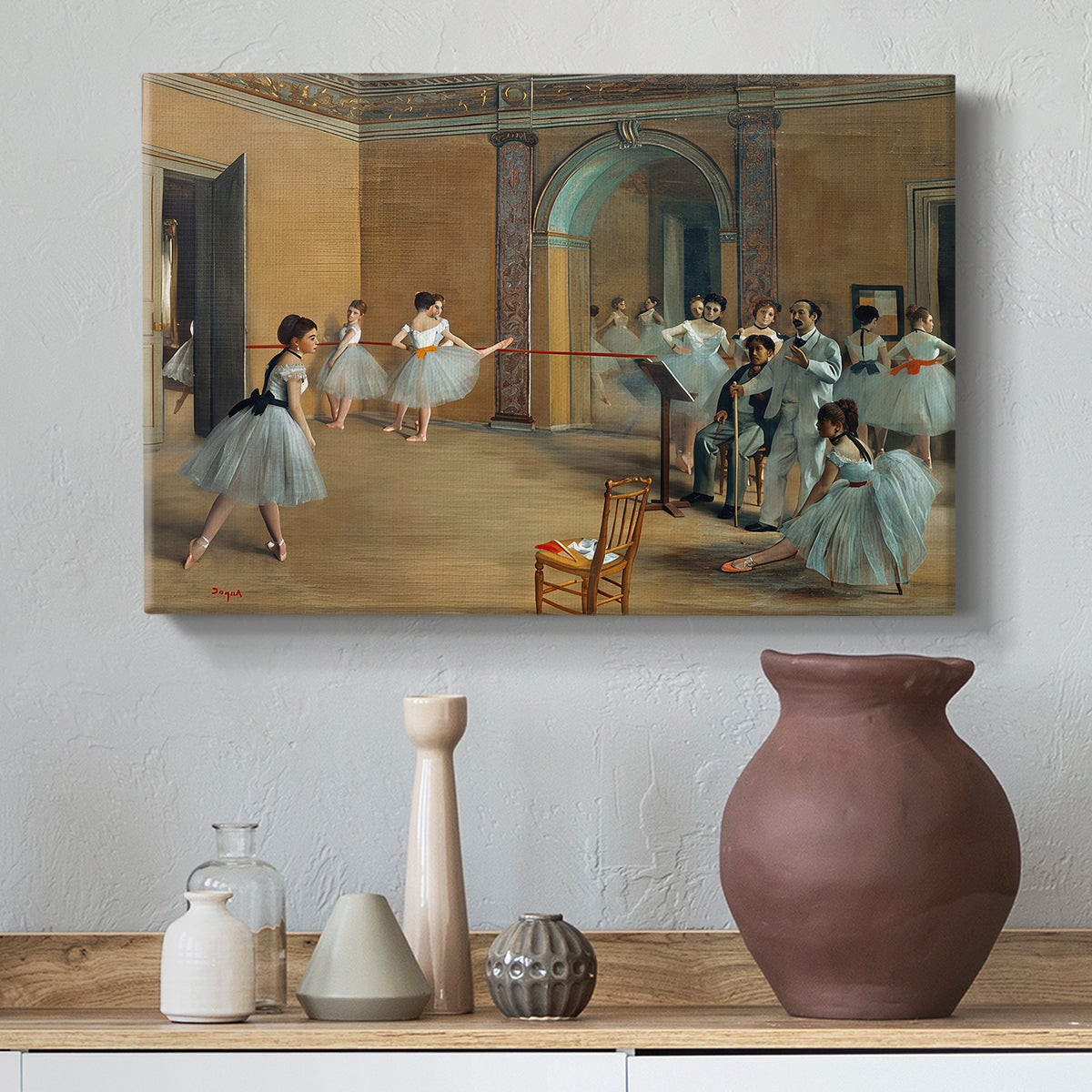 Canvas art print featuring an impressionist depiction of ballet foyer with multiple figures, styled above a decorative console