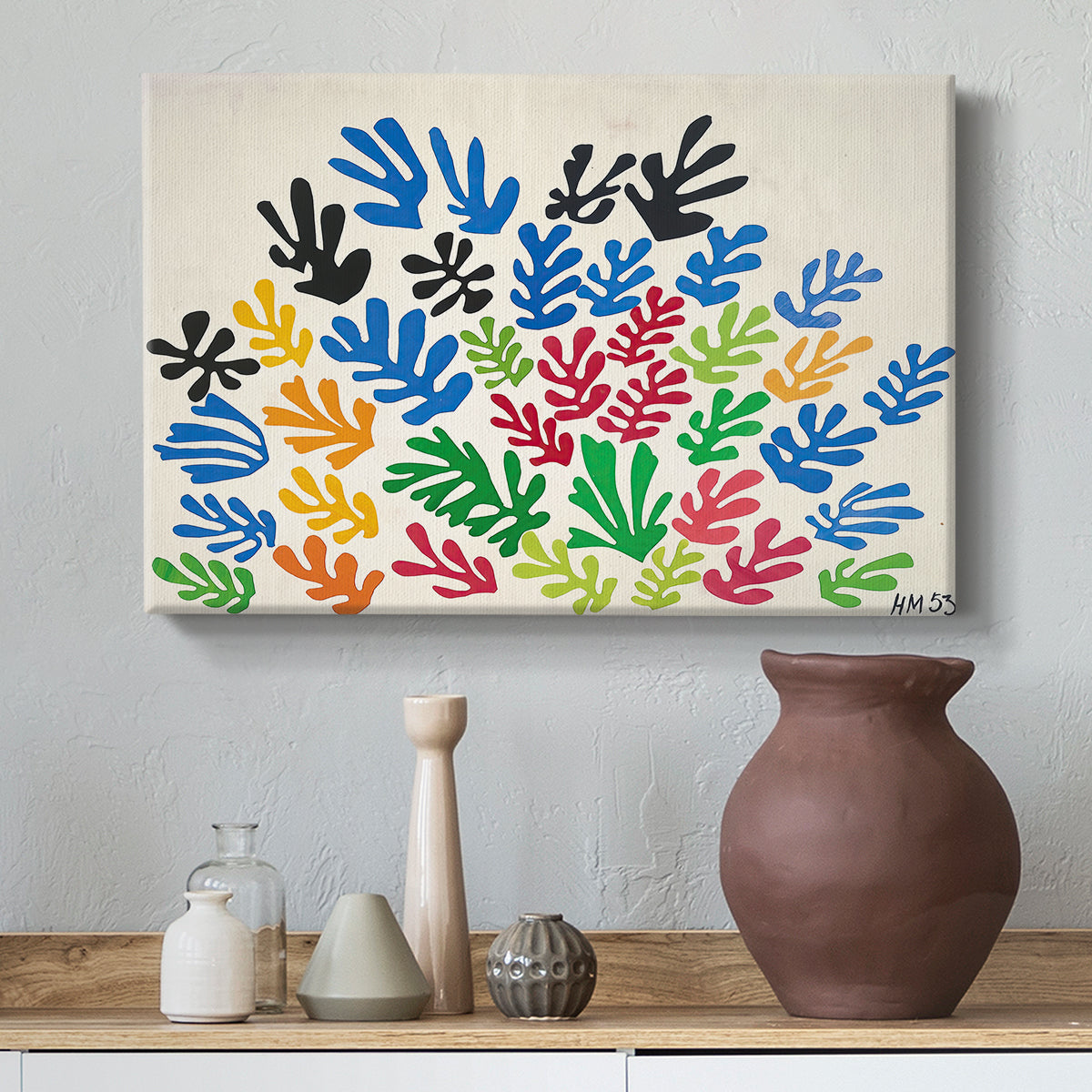Canvas art print featuring an expressive abstract design of shapes, styled above a decorative console