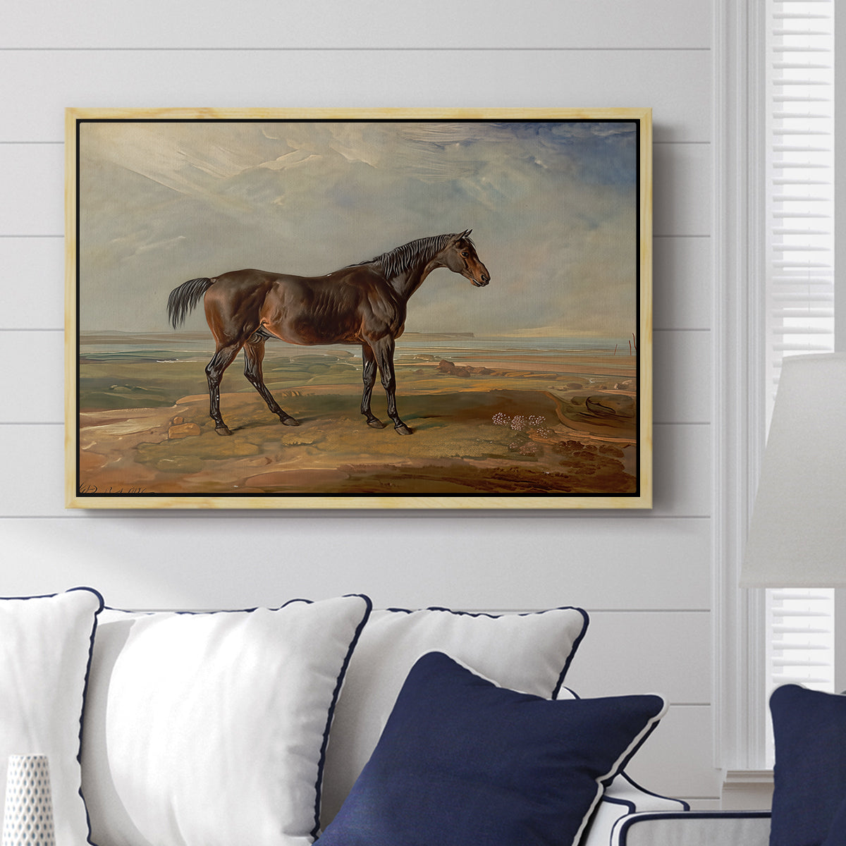 Dr. Syntax, a Bay Racehorse, Standing in a Coastal Landscape, an Estuary Beyond, c. 1820 - Floater Framed Canvas Print