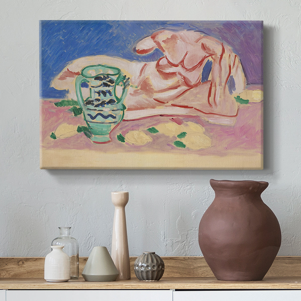 Canvas art print featuring a modern interpretation of a classical nude form, styled above a decorative console