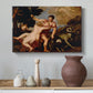 Canvas art print featuring an emotional figure composition with hunting dogs and movement, styled above a decorative console