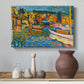 Canvas art print featuring a dynamic arrangement with simplified natural and man-made forms, styled above a decorative console