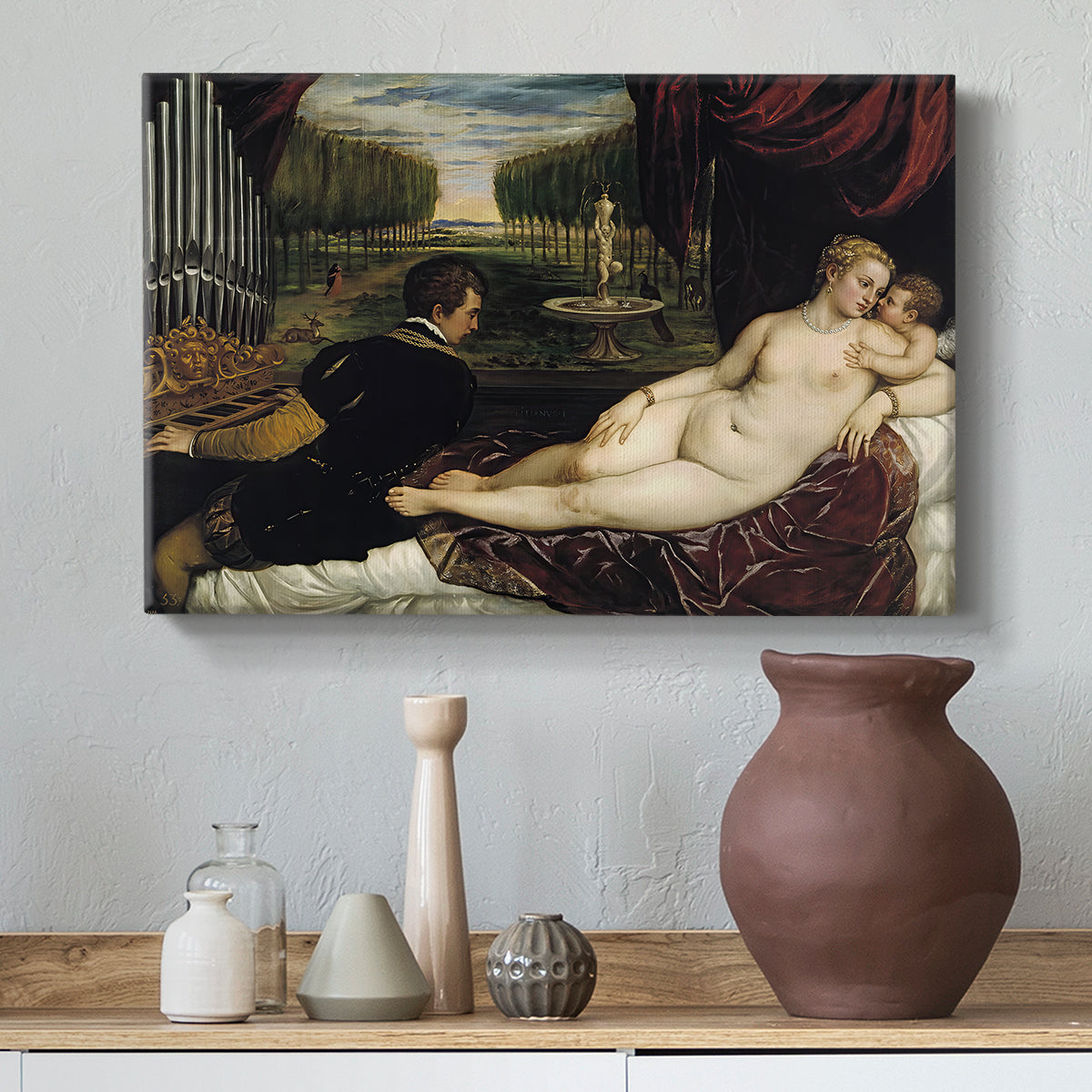 Canvas art print featuring a classical composition uniting sensual and mythological elements, styled above a decorative console