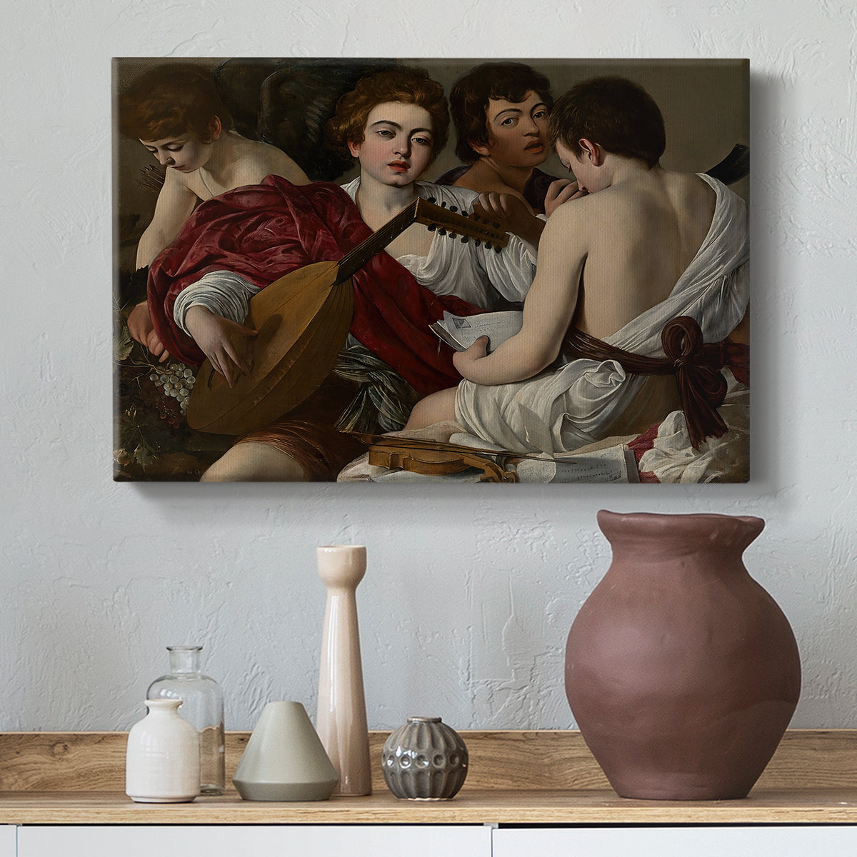Canvas art print featuring an intimate scene of youths making music with sheet music and instruments, styled above a decorative console