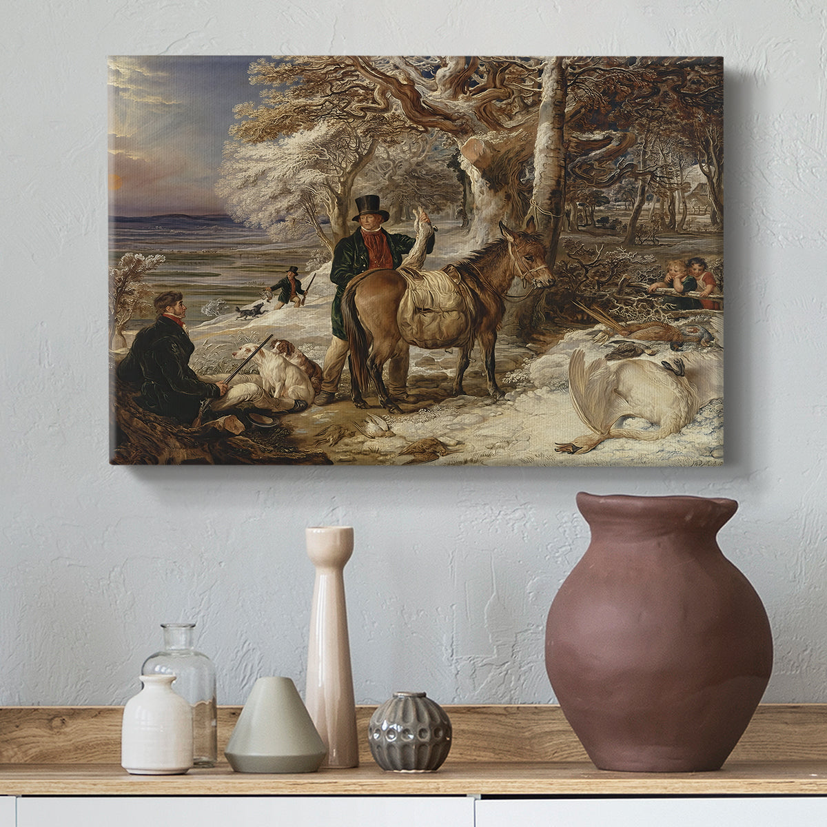 Canvas art print featuring a detailed composition showing hunting party and dogs, styled above a decorative console