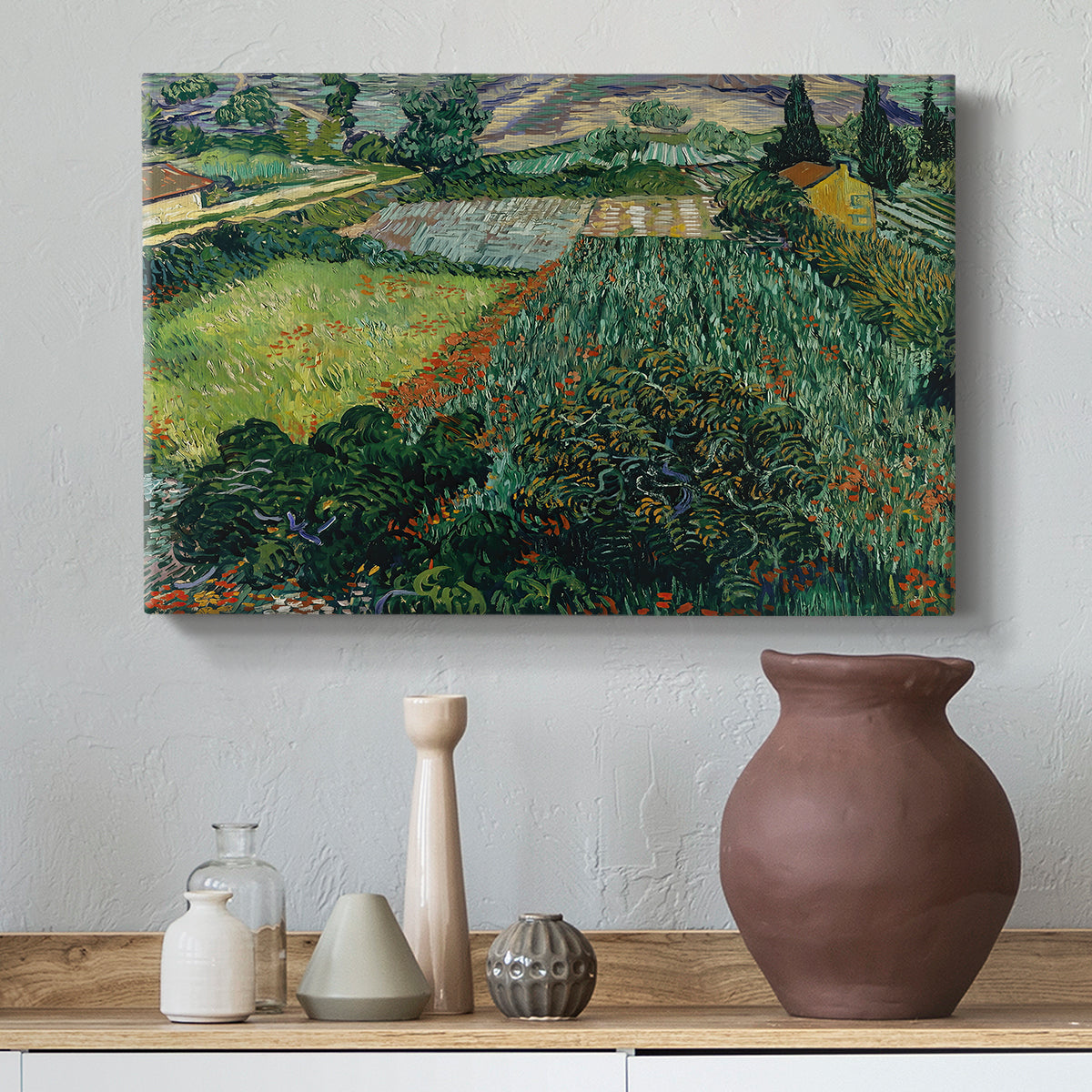 Canvas art print featuring a post-impressionist scene emphasizing color contrast, styled above a decorative console