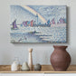 Canvas art print featuring a pointillist harbor entrance with shoreline, styled above a decorative console