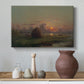 Canvas art print featuring a rural scene with haystack, styled above a decorative console