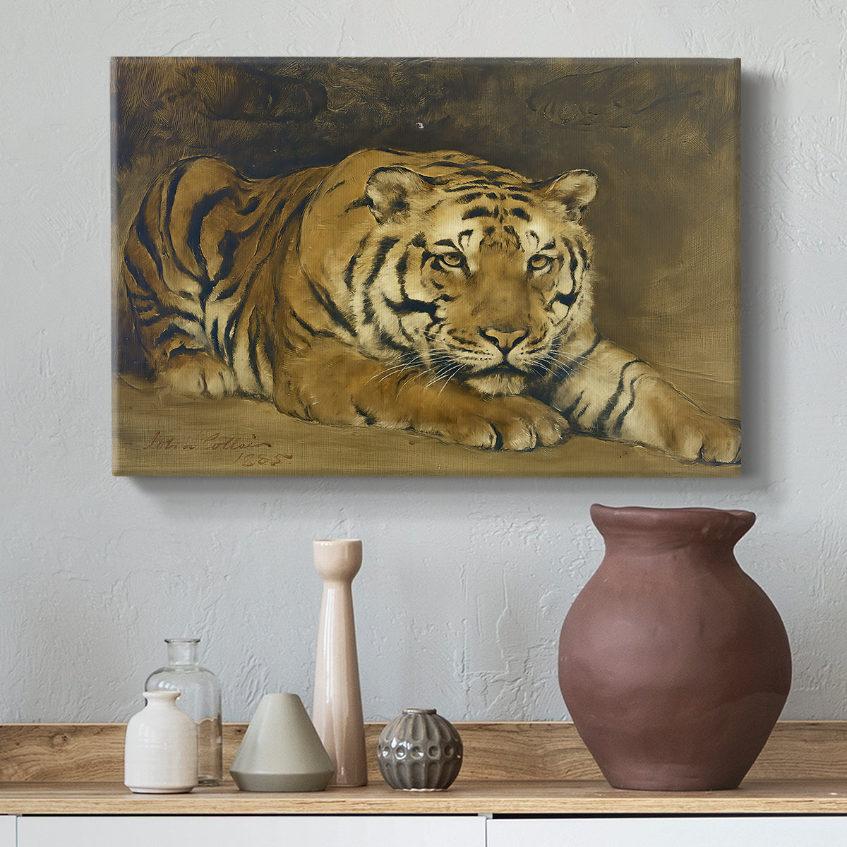 Canvas art print featuring an expressive depiction of tiger, styled above a decorative console