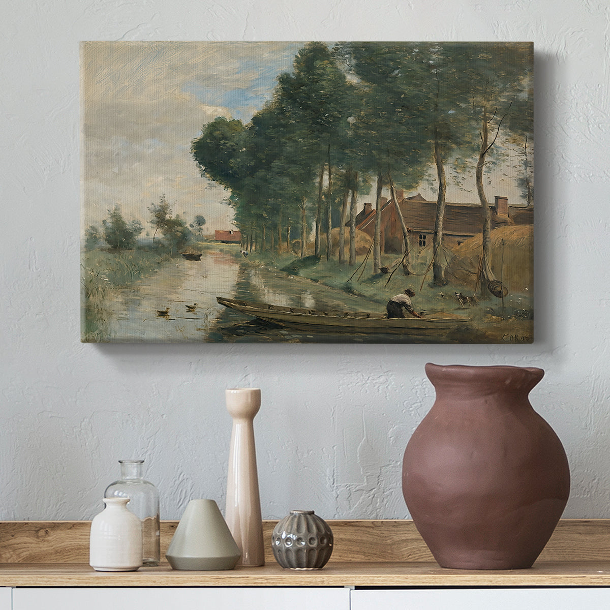 Canvas art print featuring an atmospheric landscape with trees and distant horizon, styled above a decorative console
