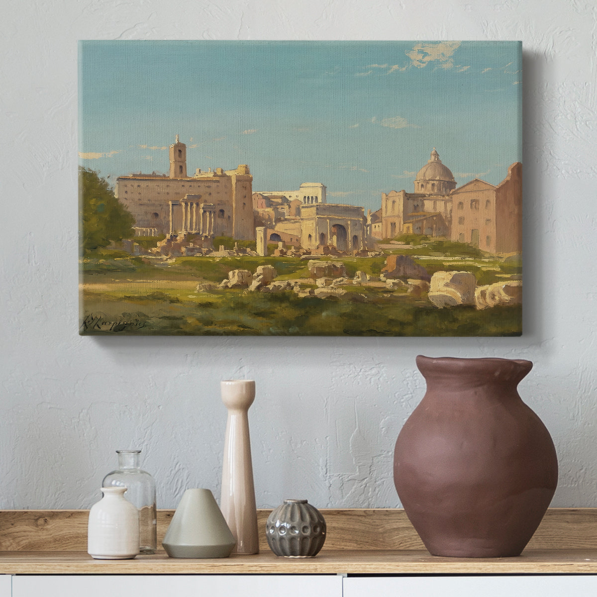 Canvas art print featuring a cityscape featuring ancient buildings and open terrain, styled above a decorative console