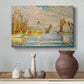 Canvas art print featuring a pointillist lighthouse view, styled above a decorative console