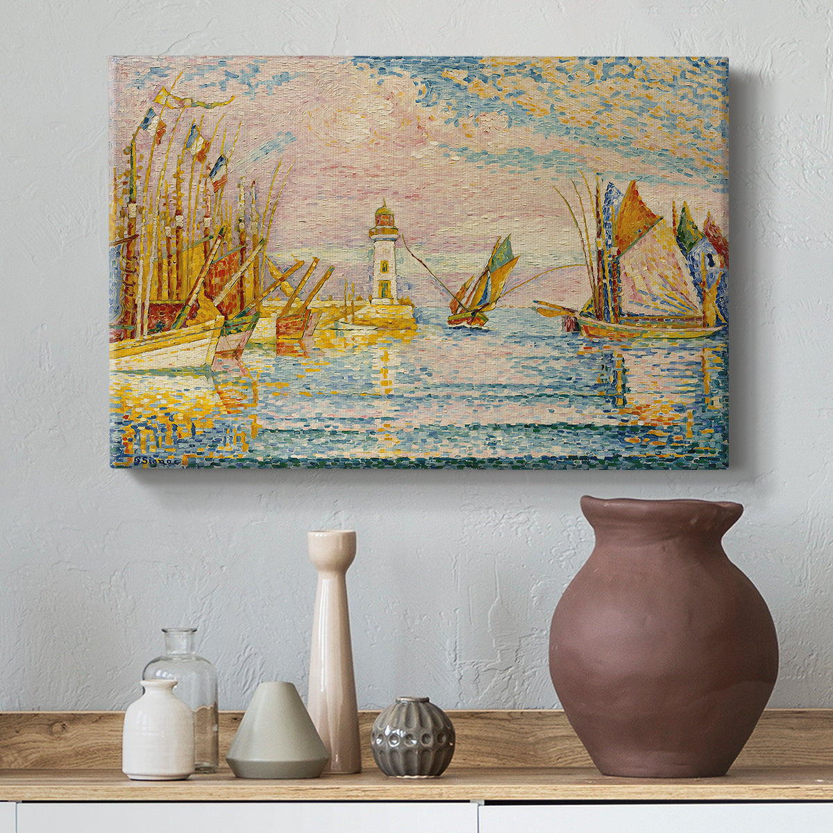 Canvas art print featuring a pointillist lighthouse view, styled above a decorative console