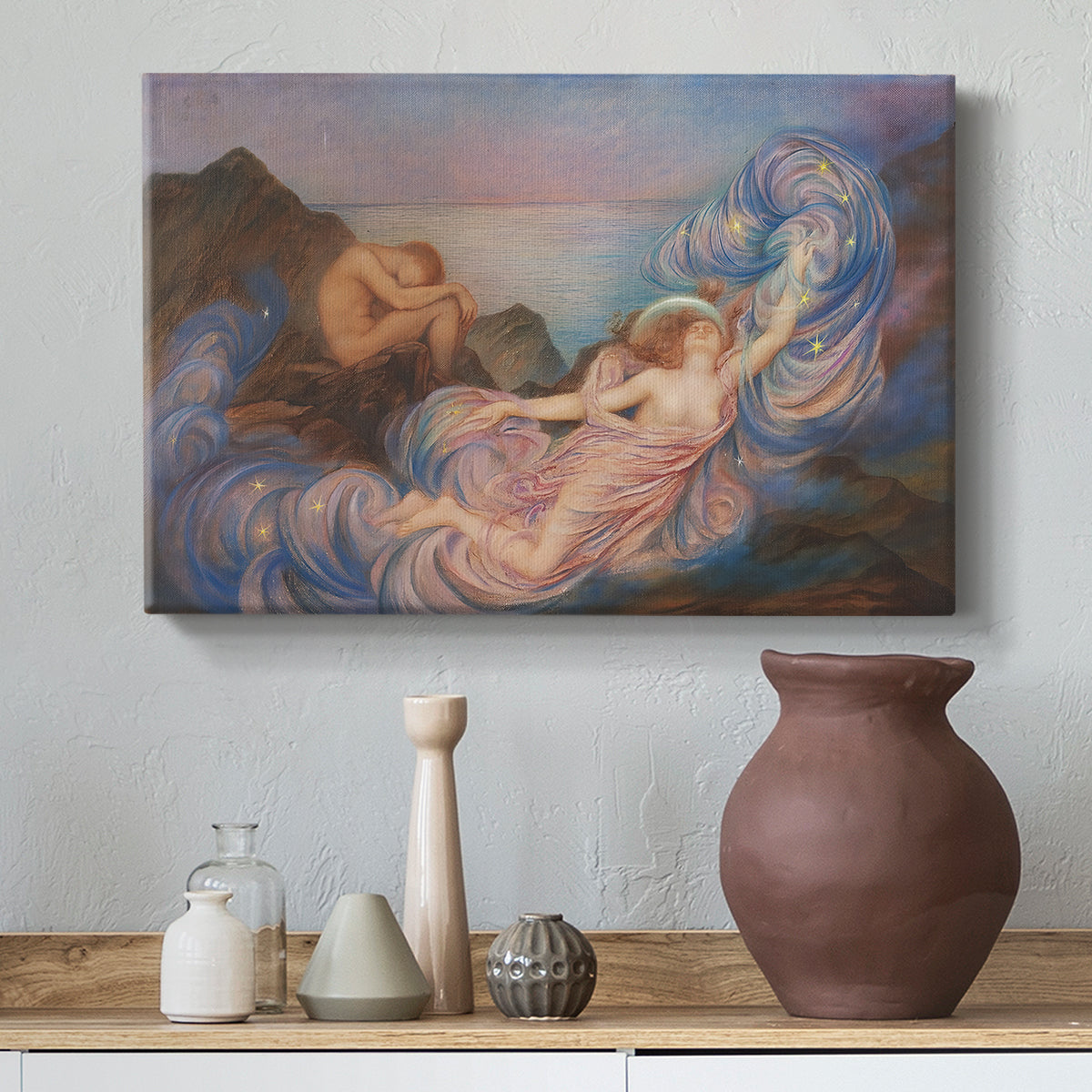 Canvas art print featuring a dreamlike composition with woman in fading light, styled above a decorative console