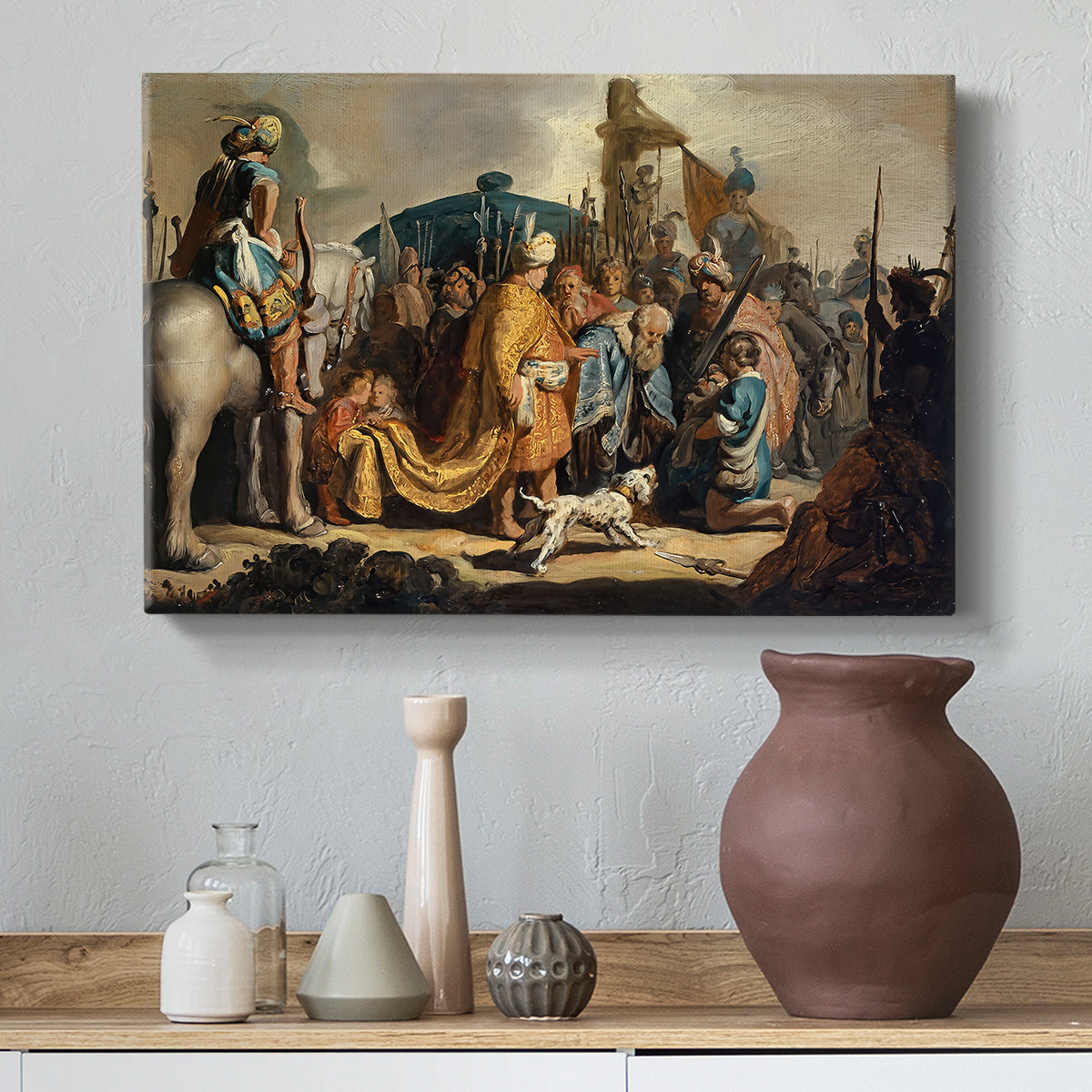 Canvas art print featuring a narrative depiction before king, styled above a decorative console
