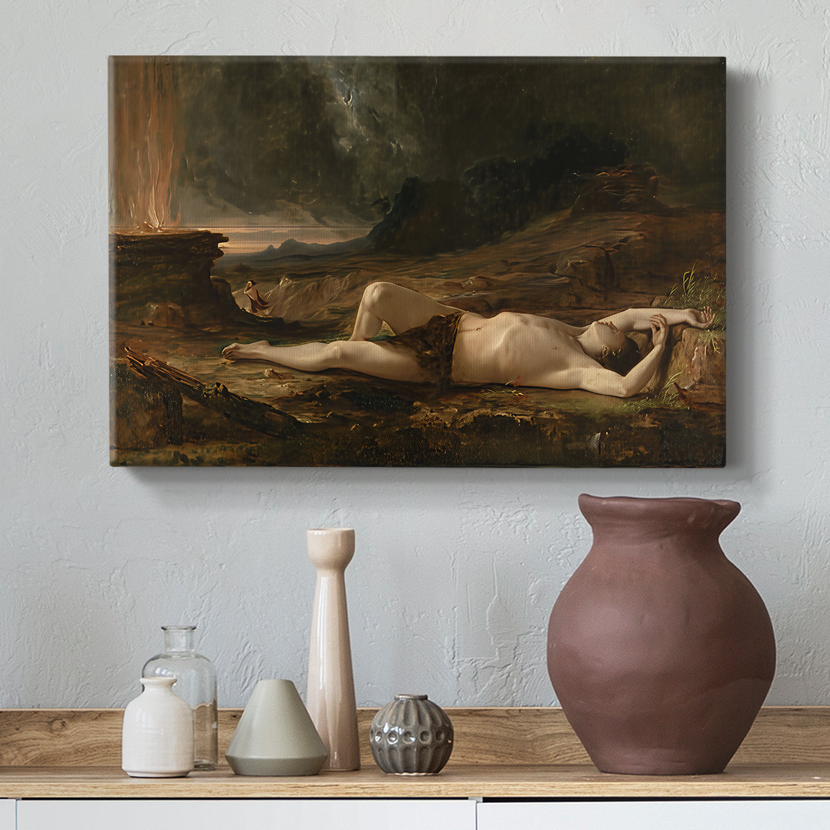 Canvas art print featuring a dramatic composition emphasizing stillness and loss, styled above a decorative console