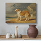 Canvas art print featuring a realistic depiction of collie in rural environment, styled above a decorative console