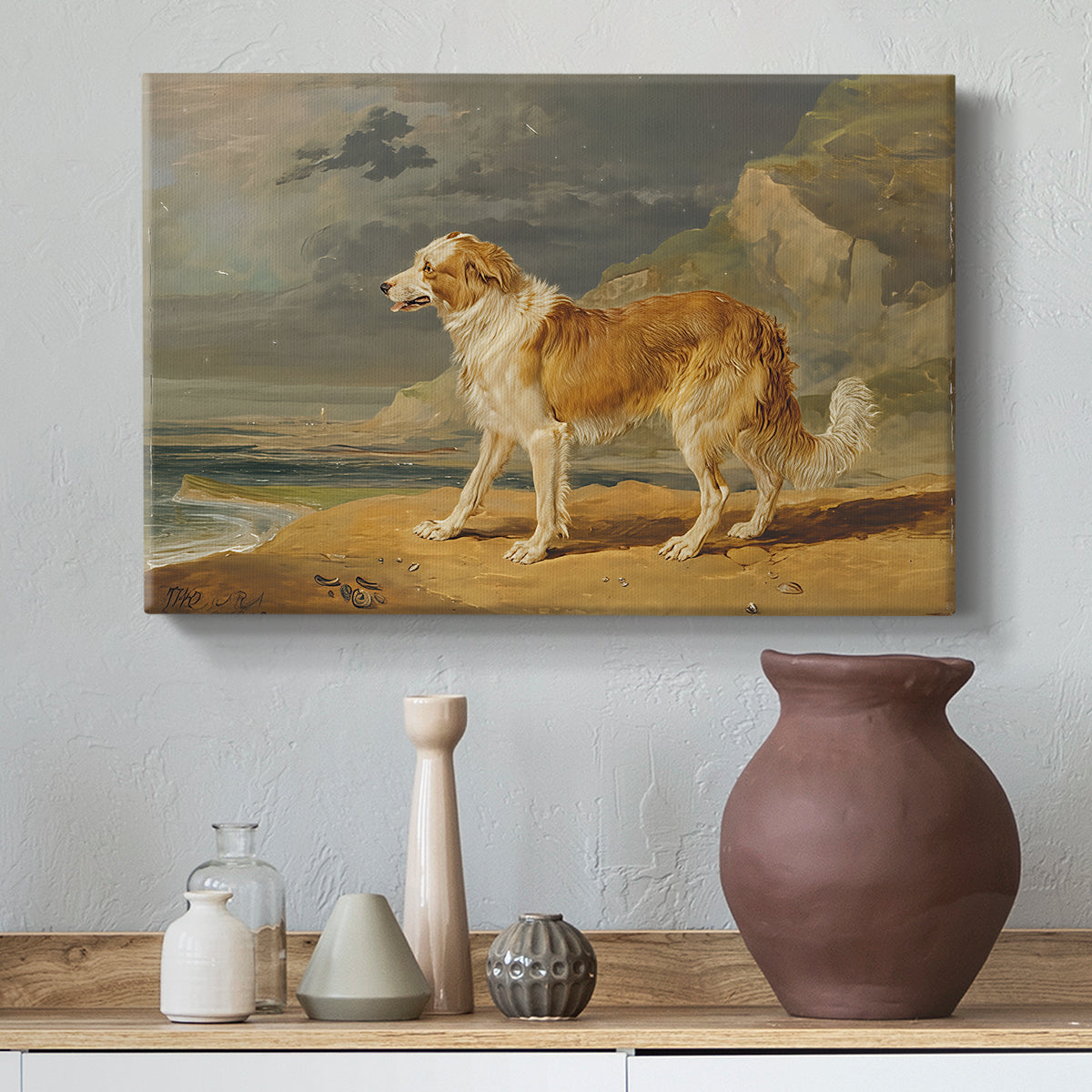 Canvas art print featuring a realistic depiction of collie in rural environment, styled above a decorative console