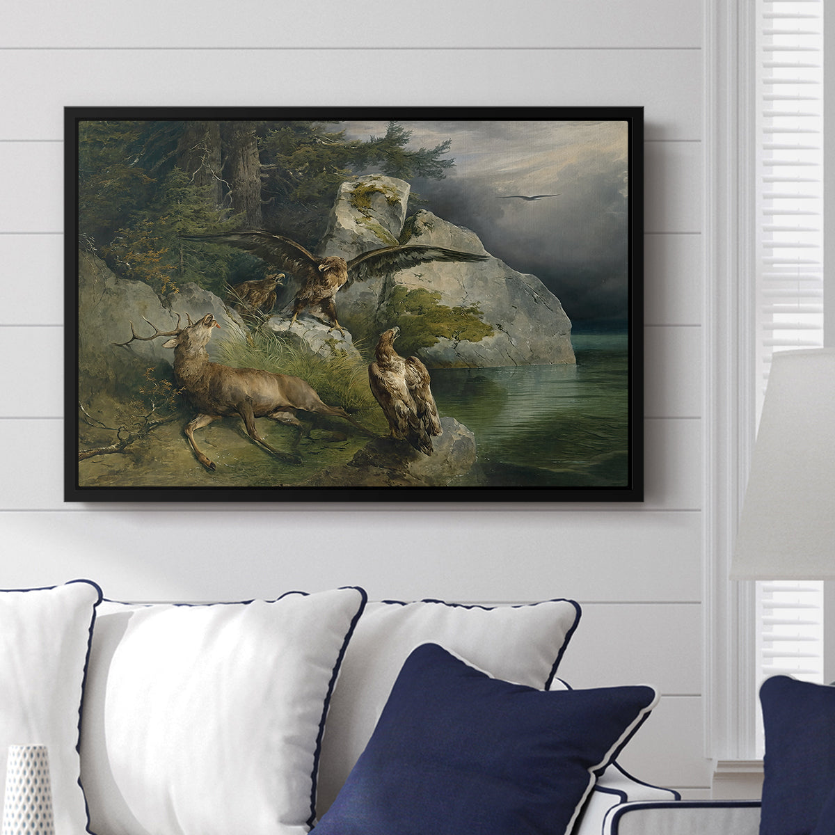 Eagles and Dying Stag on a Lakeshore, 1836 - Floater Framed Canvas Print