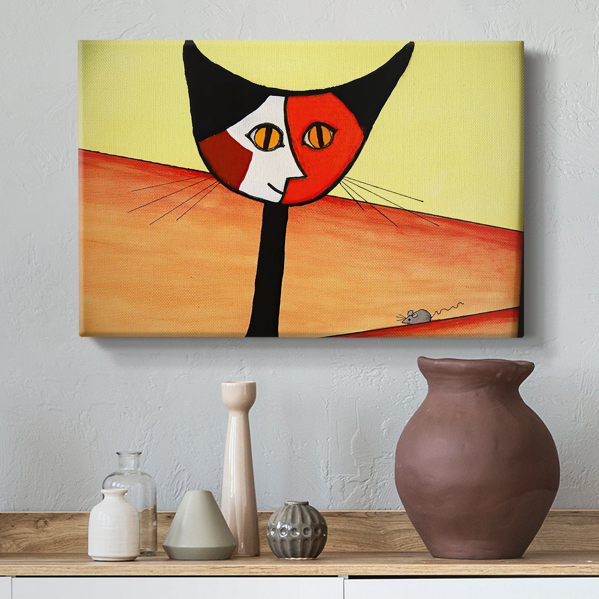 Canvas art print featuring an abstract animal with vivid color blocks, styled above a decorative console