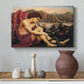 Canvas art print featuring a religious scene with angel defeating snake in dramatic pose, styled above a decorative console