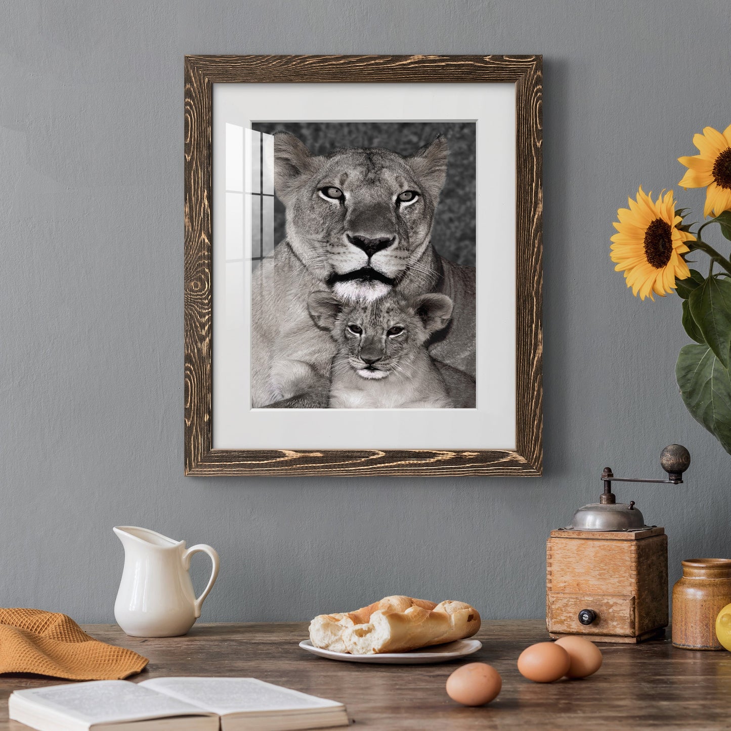 Lioness and Cub - Premium Framed Print - Distressed Barnwood Frame - Ready to Hang