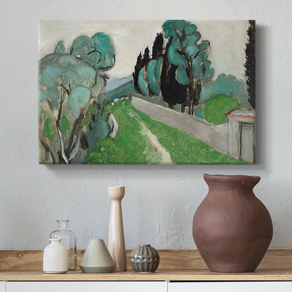 Canvas art print featuring a Fauvist landscape near Nice with simplified vegetation, styled above a decorative console