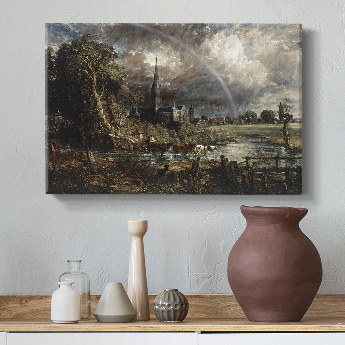 Canvas art print featuring an expressive composition focusing on structure, styled above a decorative console