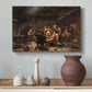 Canvas art print featuring a narrative scene of a bear hunter welcomed by community in rural setting, styled above a decorative console