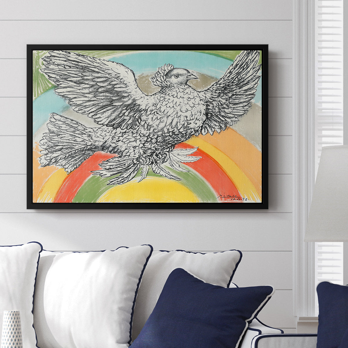 Flying Dove with Rainbow (Colombe volant à l'Arc-en-ciel), 1952 - Floater Framed Canvas Print