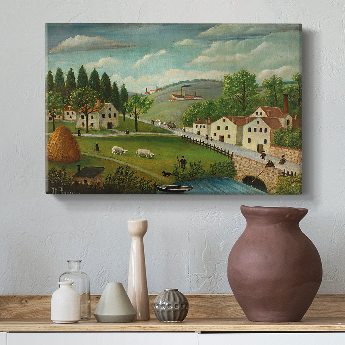 Canvas art print featuring a pastoral setting with water, figures, and greenery, styled above a decorative console
