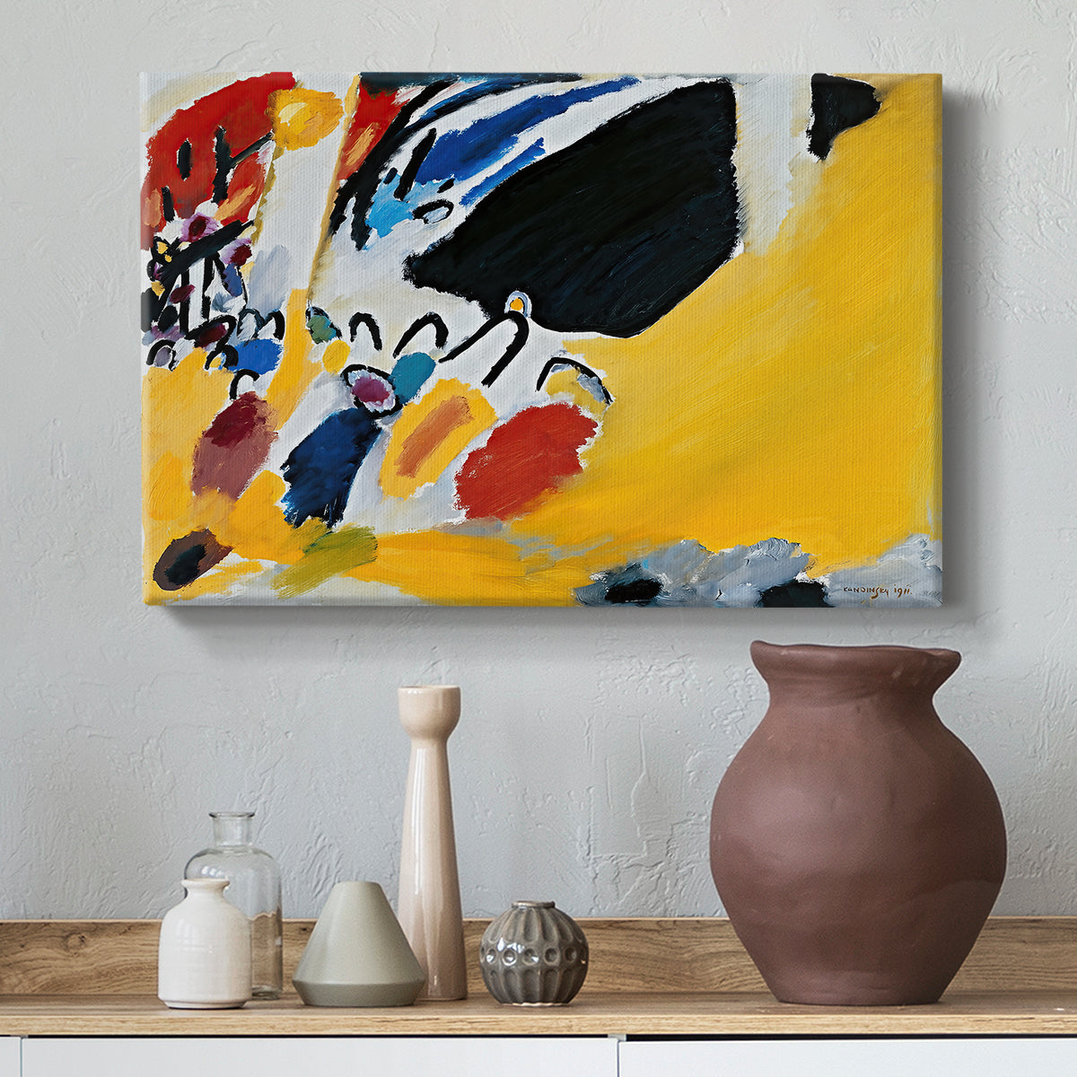 Canvas art print featuring a dynamic arrangement with strong tonal contrast and minimal structure, styled above a decorative console