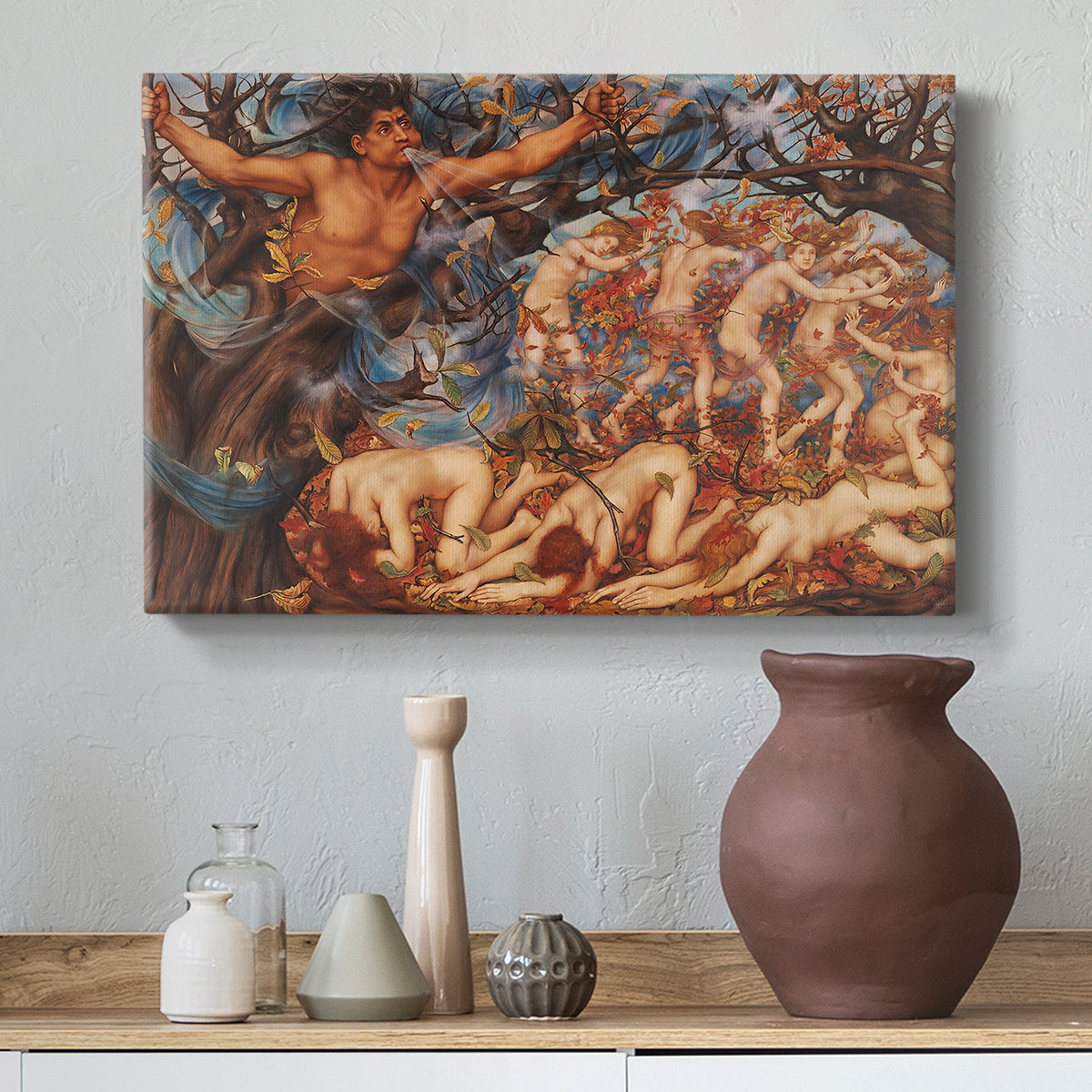 Canvas art print featuring an energetic depiction of figures swept through air by wind, styled above a decorative console